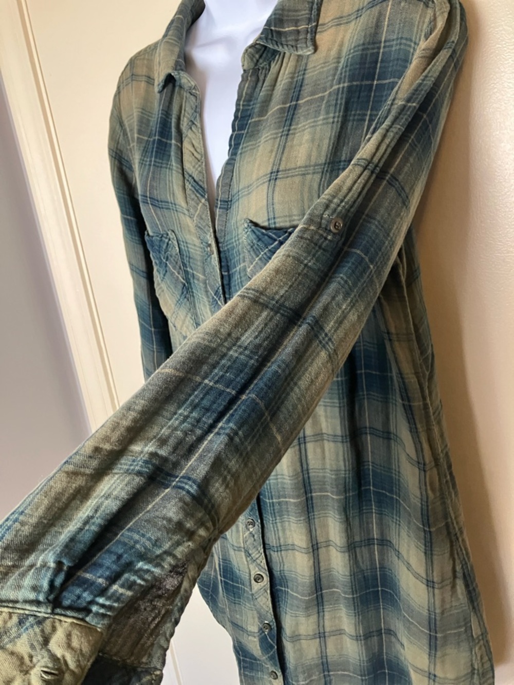 Side Stitch LA Olive Green Plaid Button-Front Cotton Tunic Shirt Dress Size M - Picture 3 of 6